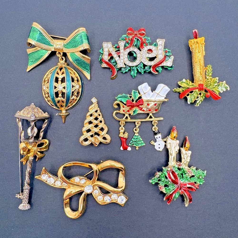 Vintage Christmas Brooches Candles Noel Sleigh Ornament Lot of 8 Holiday Retro